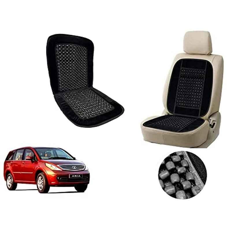 Auto Pearl PU, Velvet & Wooden Beads Black Rectangular Seat Cushion for Tata Aria