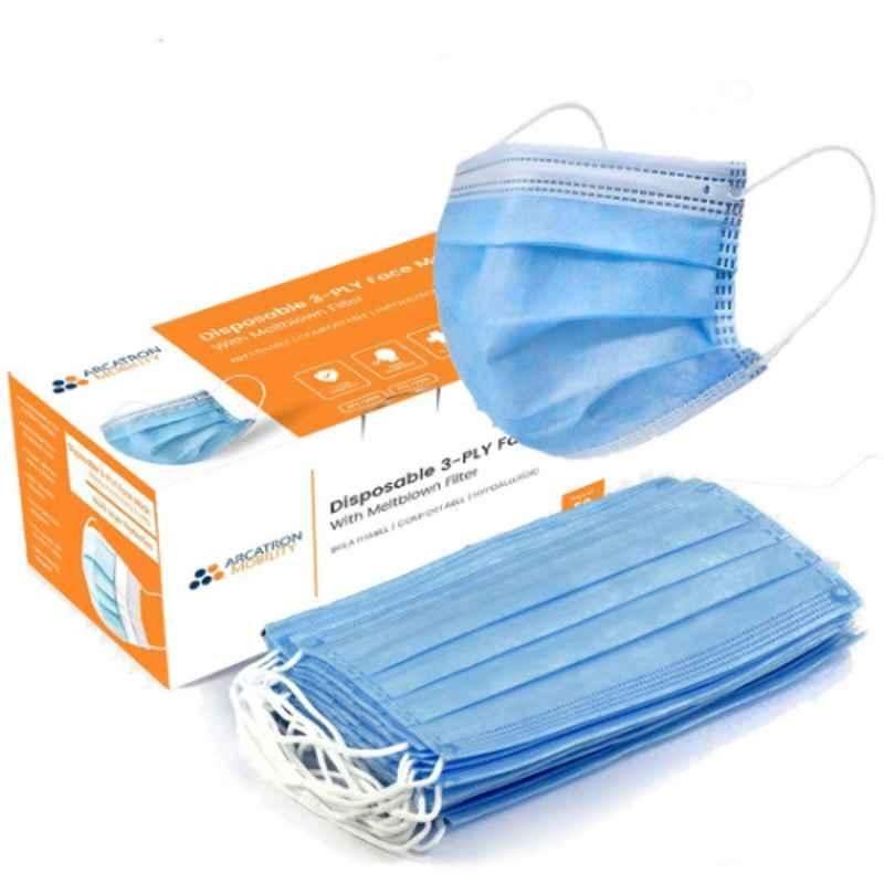 Arcatron 3 Ply Non-Woven Blue Disposable Surgical Face Mask with Meltblown Protective Layer (Pack of 50)