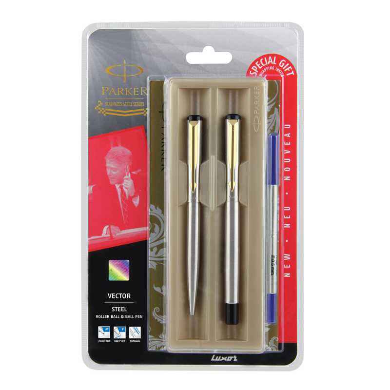 Parker Vector SS Gold Roller Ball Pen+Ball Pen with Free Gift Wrap Sleeve, 9000023633