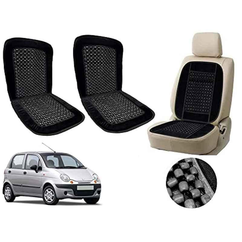 Auto Pearl PU, Velvet & Wooden Beads Black Rectangular Seat Cushion for Daewoo Matiz (Pack of 2 )