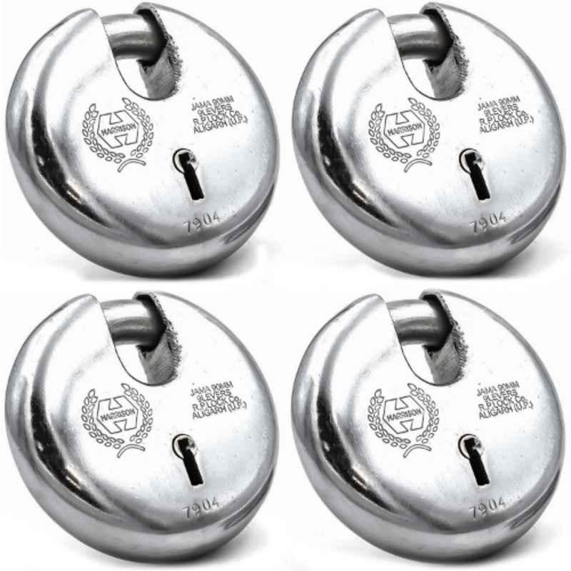 Harrison 90mm 8 Lever Mild Steel Bright Chrome Plated Finish Round Padlock with 3 Keys, JAMA-0022 (Pack of 4)