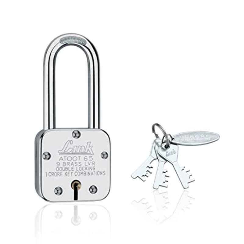 Link 65mm Steel Long Hardened Shackle Padlock with 9 Brass Lever, 3 Silver Keys & Keychain, Atoot 65 LS