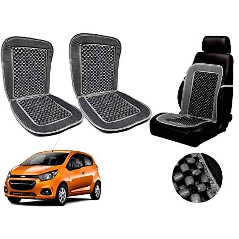 Auto Pearl PU, Velvet & Wooden Beads Grey Rectangular Seat Cushion for Chevrolet Beat Type-2 (Pack of 2 )