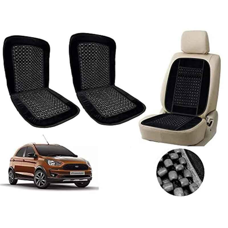 Auto Pearl PU, Velvet & Wooden Beads Black Rectangular Seat Cushion for Ford Aspire Free Style (Pack of 2 )