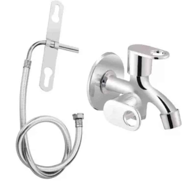 Senkiddpro Stainless Steel Chrome Finish Wall Mounted Two Way Bib Tap Set with Jet Spray