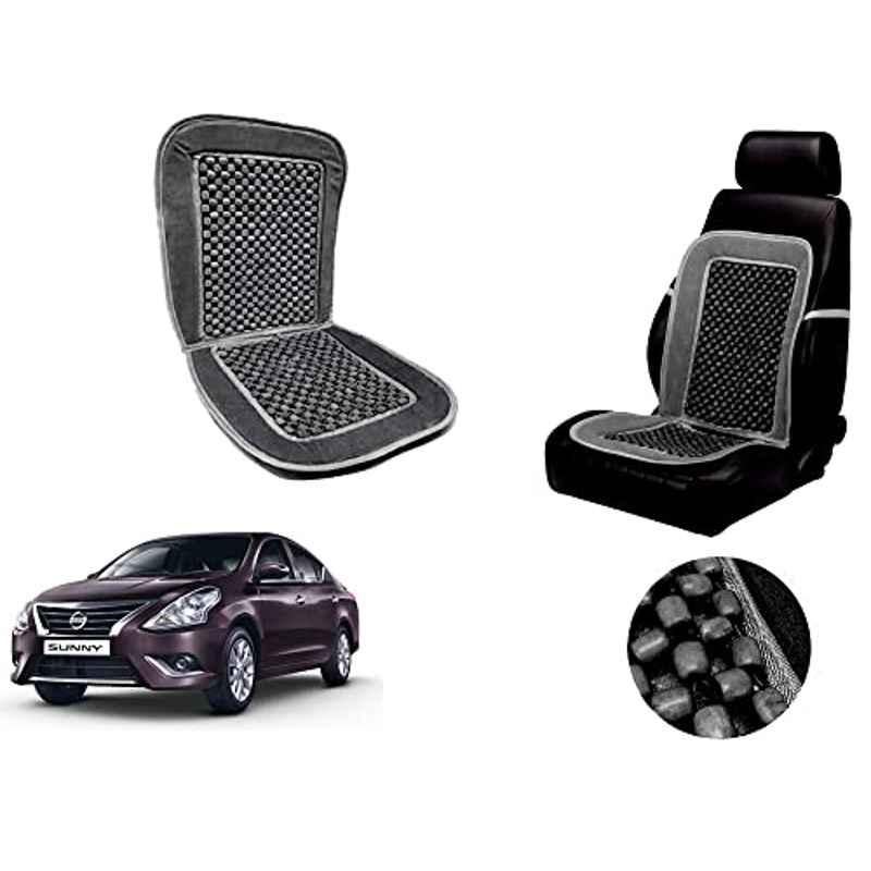 Auto Pearl PU, Velvet & Wooden Beads Grey Rectangular Seat Cushion for Nissan Sunny New
