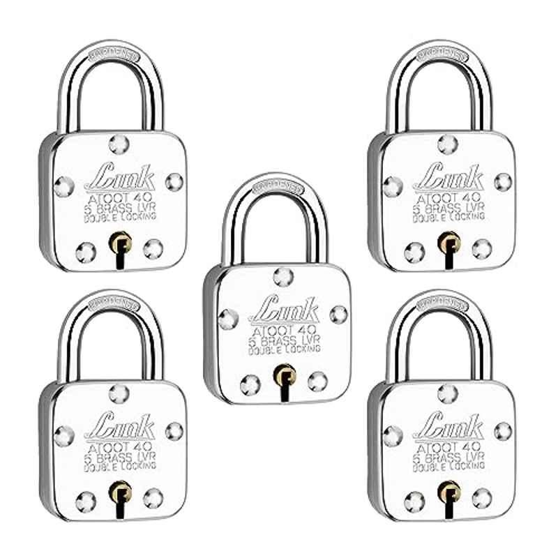 Link 40mm Steel Double Locking Hardened Shackle Padlock with 5 Brass Levers, 3 Keys & Free Keychain, Atoot 40 (Pack of 5)