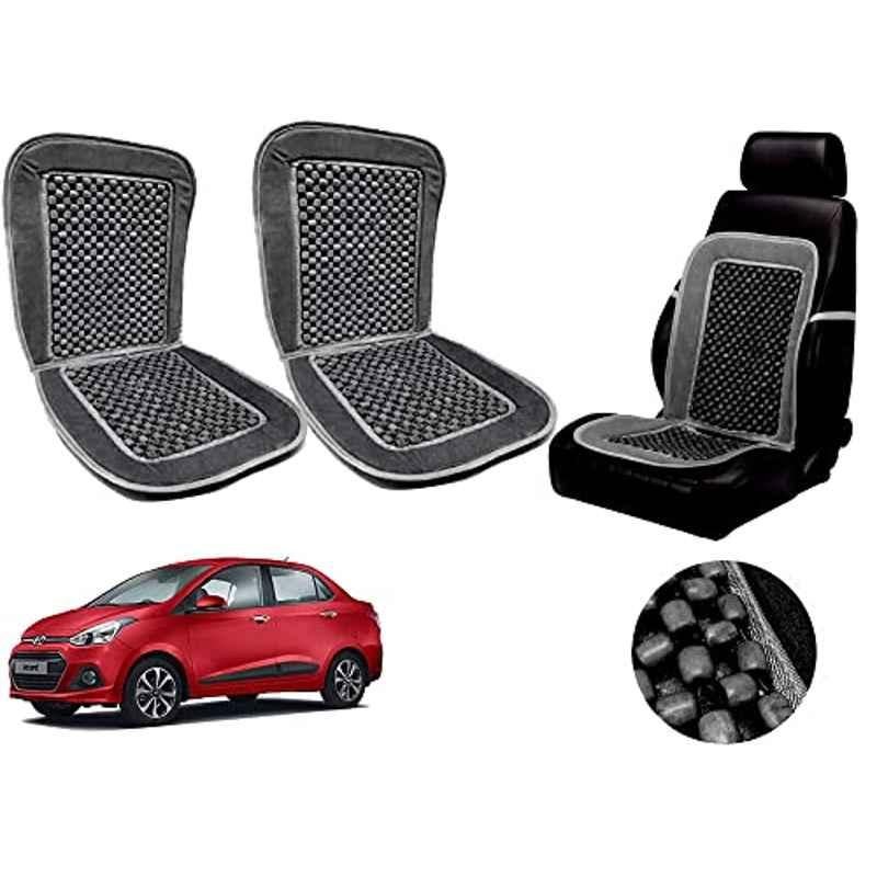 Auto Pearl PU, Velvet & Wooden Beads Grey Rectangular Seat Cushion for Hyundai Xcent (Pack of 2 )