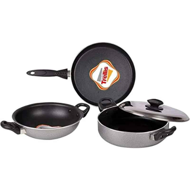Maple 3 Pcs Trellis Stainless Steel Hammertone Finish Grey Induction Base Non Stick Cookware Set, 84IB201