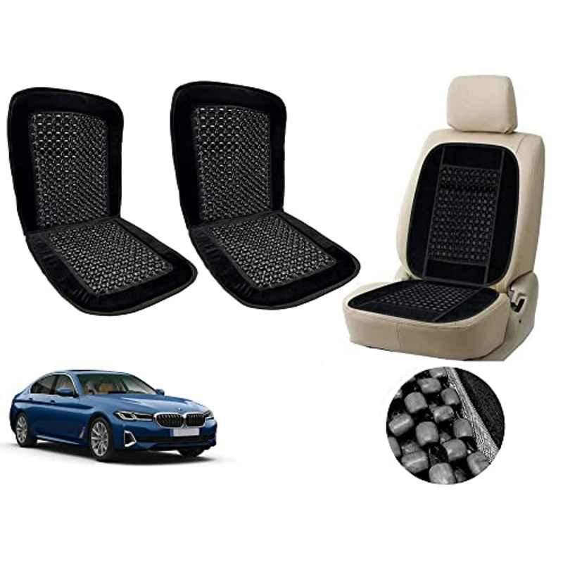 Auto Pearl PU, Velvet & Wooden Beads Black Rectangular Seat Cushion for BMW 520d (Pack of 2 )