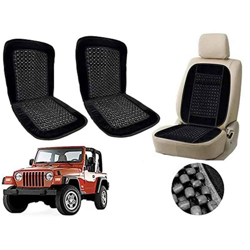 Auto Pearl PU, Velvet & Wooden Beads Black Rectangular Seat Cushion for Jeep Compass (Pack of 2 )