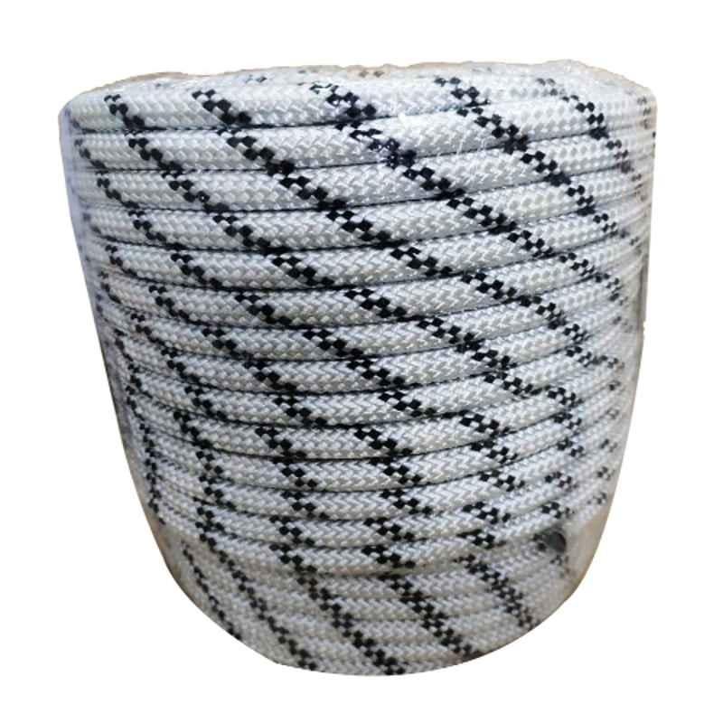 Grip 10.5mm 3 Strands Braided Nylon White & Black Climbing Rope, Length: 50 m