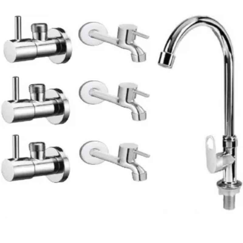 Senkiddpro 3 Pcs Stainless Steel Chrome Finish Angle Valve & 3 Pcs Long Body Tap with Swan Neck Basin Tap Combo by Moglix