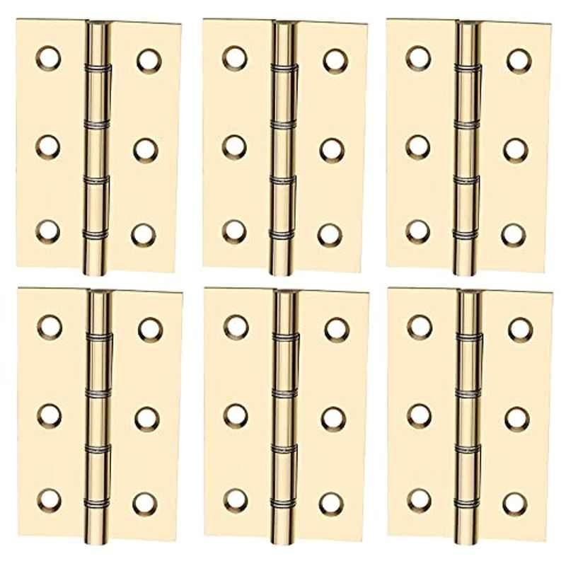 Screwtight 3 inch Brass Polished Double Steel Washered Door Butt Hinge, B170403PB-6 (Pack of 6)
