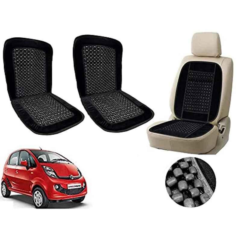 Auto Pearl PU, Velvet & Wooden Beads Black Rectangular Seat Cushion for Tata Nano Genx (Pack of 2 )