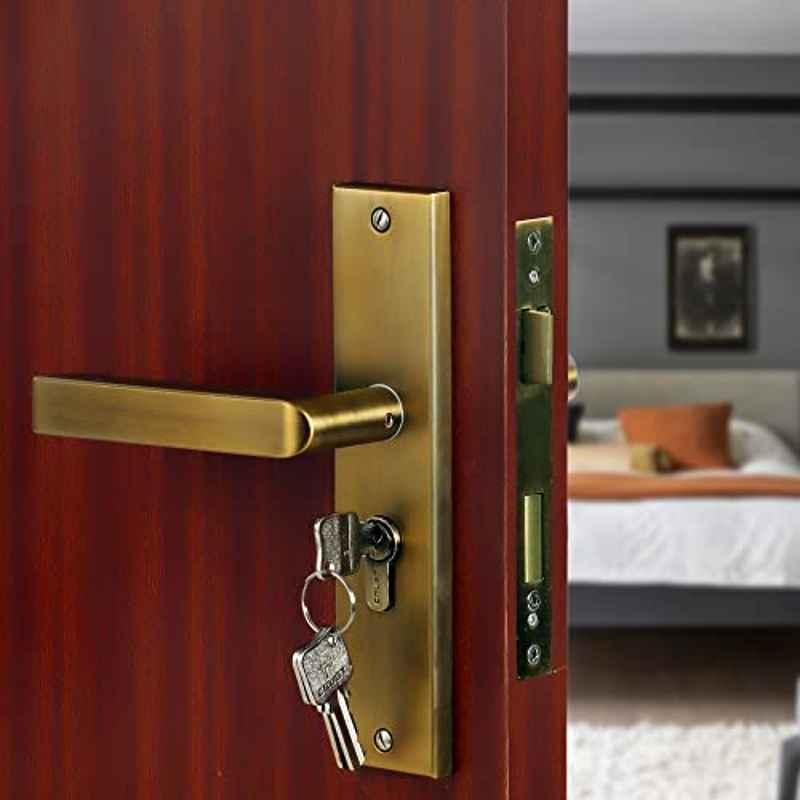 Saze 8 inch Stainless Steel Antique Brass Matt Finish Cylindrical Plate Mortise Door Lock Pull Handle Set with 3 Computer Keys, Mg201
