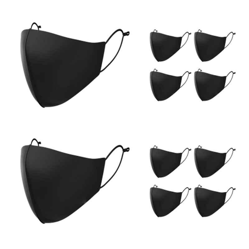 Arcatron 10 Pcs 3 Layer Polyester Black Washable Face Mask Set with Adjustable Ear Loop, MK-ULT-S-B10, Size: xxlarge