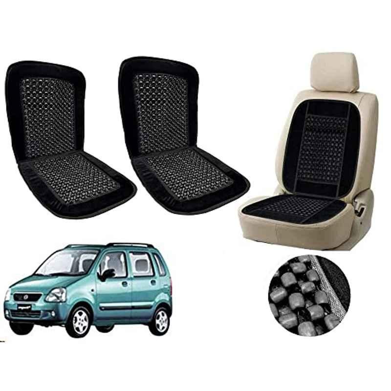 Auto Pearl PU, Velvet & Wooden Beads Black Rectangular Seat Cushion for Maruti Suzuki WagonR 2003 (Pack of 2 )