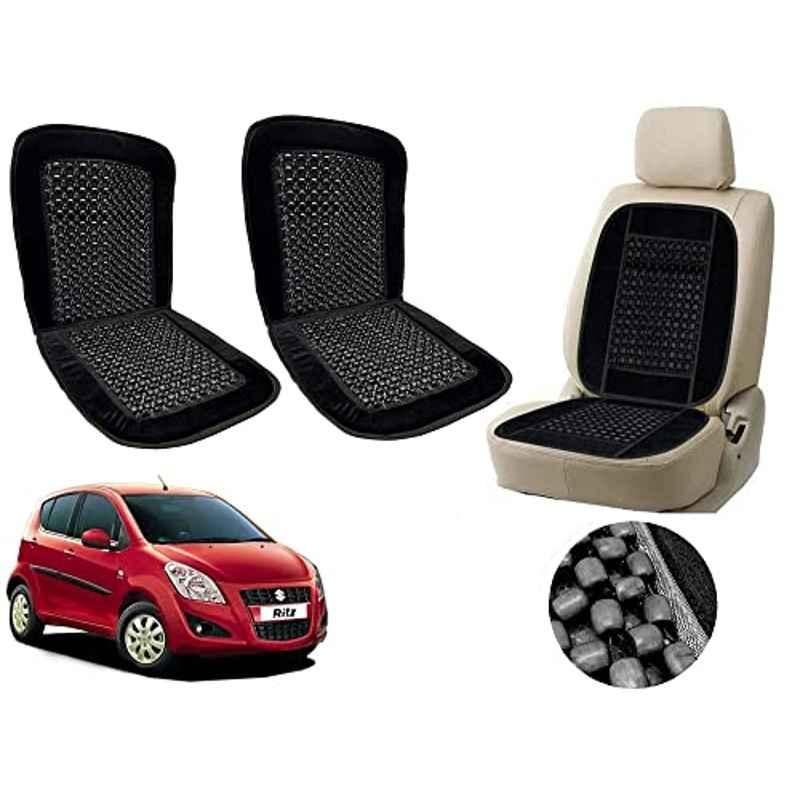 Auto Pearl PU, Velvet & Wooden Beads Black Rectangular Seat Cushion for Maruti Suzuki Ritz Type-1 (Pack of 2 )