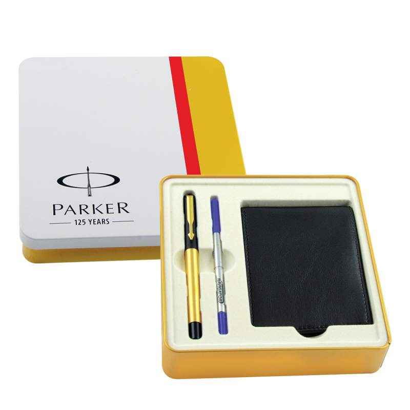 Parker Vector Mb Gold Trim Roller Ball Pen with Free Leather Wallet, 9000023737