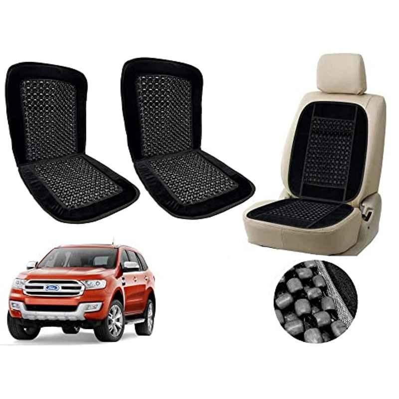 Auto Pearl PU, Velvet & Wooden Beads Black Rectangular Seat Cushion for Ford Endeavour 2019 (Pack of 2 )