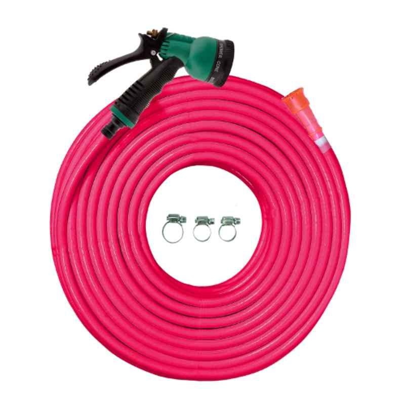 Cinagro 5m 1/2 inch Foam Hose Pipe with 8-Modes Nozzle Sprayer, Tap Connector & 3 Clamps Set, CIN-HOS-L5-PNK