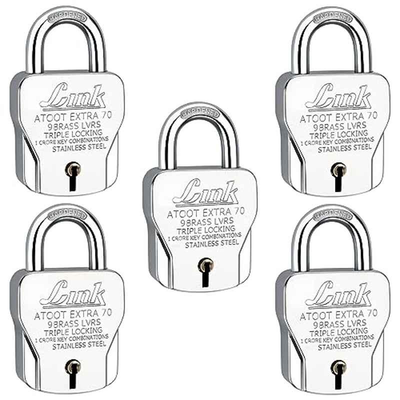 Link 70mm Stainless Steel Triple Locking Mechanism Padlock with 3 Silver Keys, Free Keychain & Key Hanger, Atoot Extra 70 (Pack of 5)