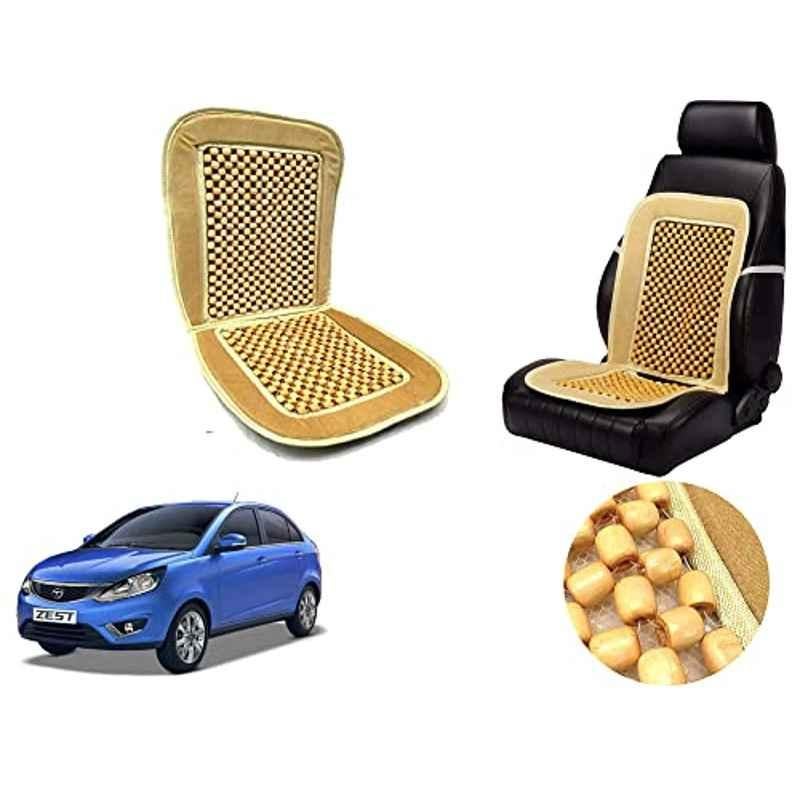 Auto Pearl PU, Velvet & Wooden Beads Beige Rectangular Seat Cushion for Tata Zest