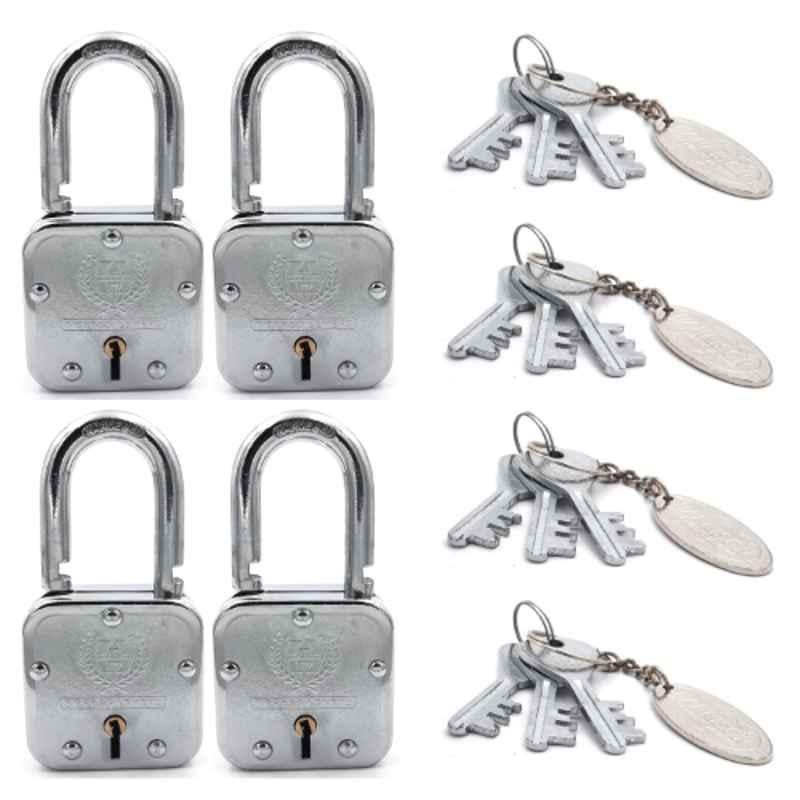 Harrison 65mm 8 Lever Mild Steel Bright Chrome Plated Finish Square Padlock with 3 Keys, T-27-0033 (Pack of 4)