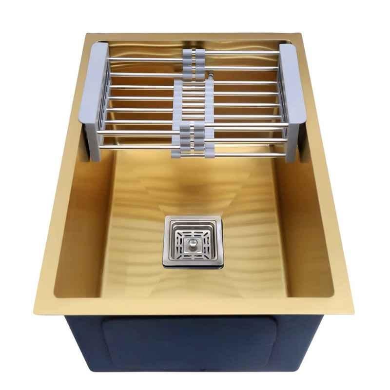 Happy Homes 24x18x10 inch Gold Matt Satin Finish Stainless Steel Single Bowl Modular Kitchen Sink with Square Coupling & Metal Fruit Basket, HH-21