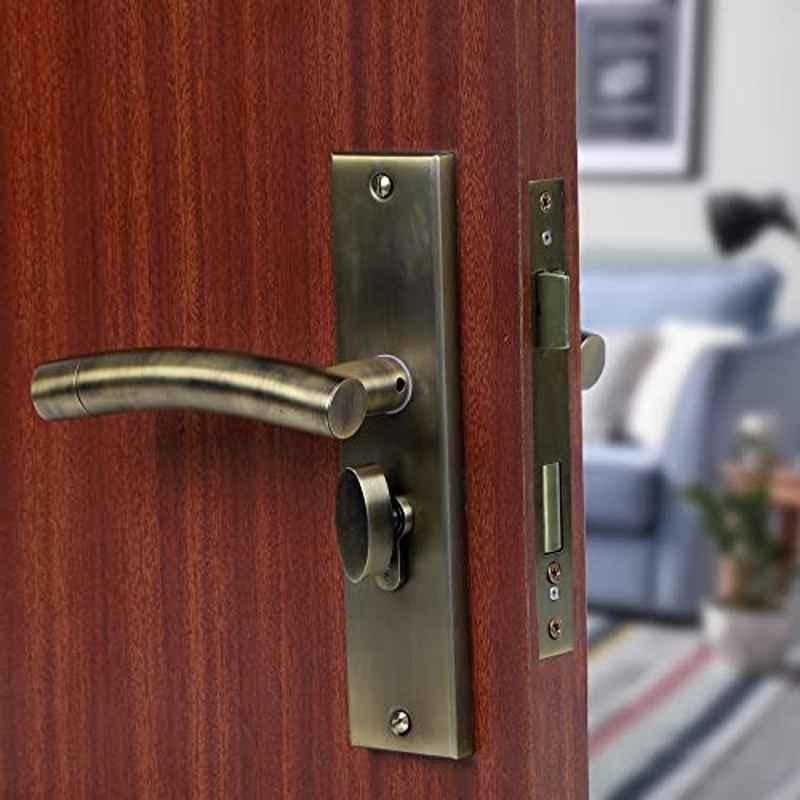 Voltizi 8 inch Stainless Steel 304 Antique Brass Finish Cylindrical Plate Mortise Door Lock Handle Set with One Side Key 60mm Brass Cylinder, MG-1101