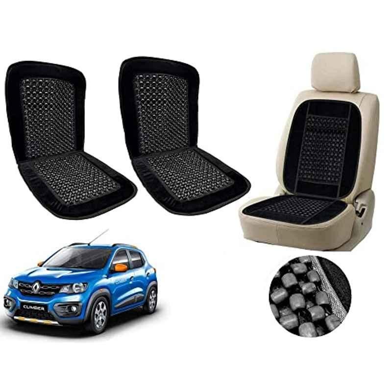 Auto Pearl PU, Velvet & Wooden Beads Black Rectangular Seat Cushion for Renault Kwid Climber (Pack of 2 )
