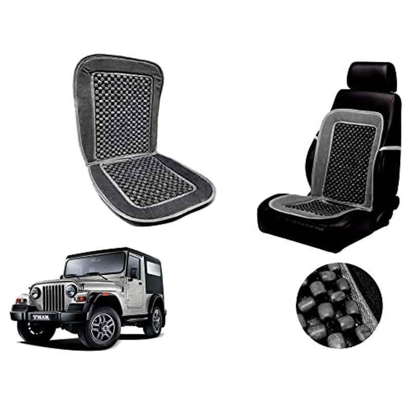 Auto Pearl PU, Velvet & Wooden Beads Grey Rectangular Seat Cushion for Mahindra Thar