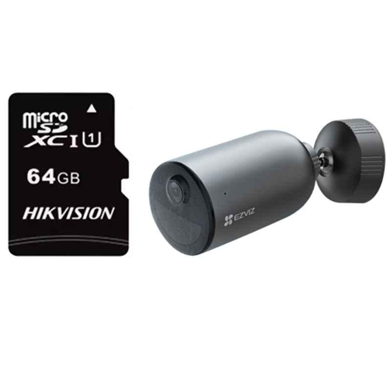 EZVIZ CS-EB3 3MP Wireless Outdoor Smart Home Wi-Fi CCTV Camera with Two-Way Talk, Micro SD Card Slot & Hikvision 64GB Memory Card
