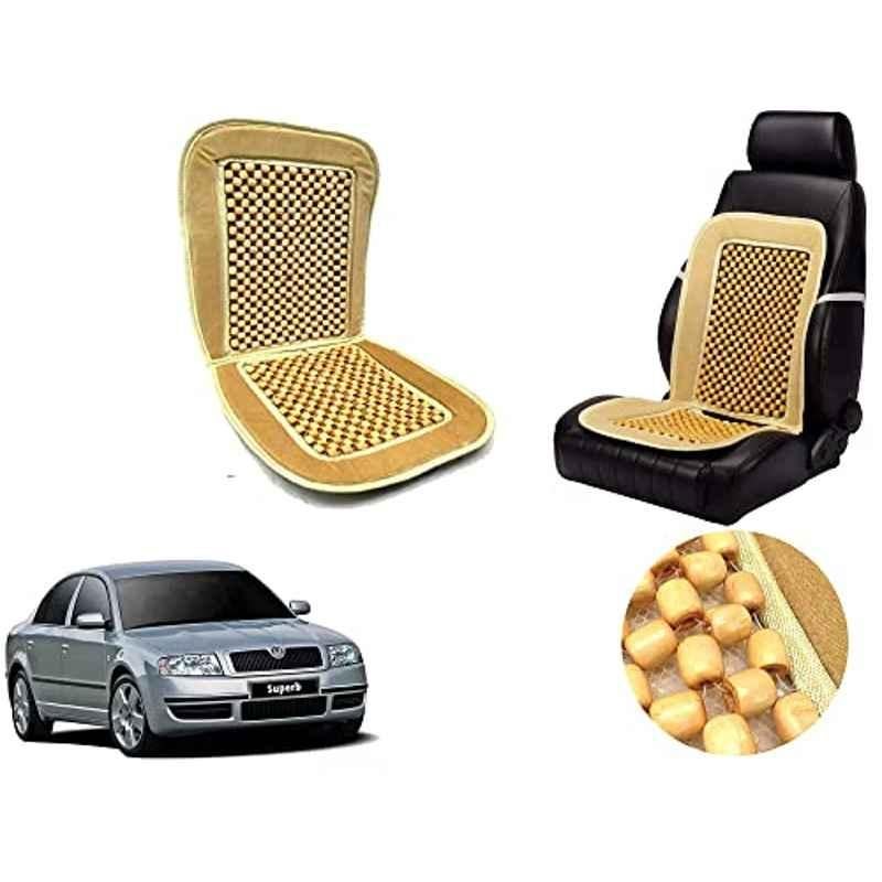 Auto Pearl PU, Velvet & Wooden Beads Beige Rectangular Seat Cushion for Skoda Superb