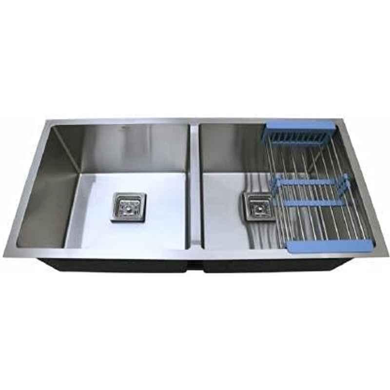 Happy Homes 45x20x10 inch Silver Satin Finish Stainless Steel 304 Double Bowl Kitchen Sink, HH-01