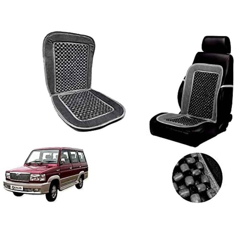 Auto Pearl PU, Velvet & Wooden Beads Grey Rectangular Seat Cushion for Toyota Qualis