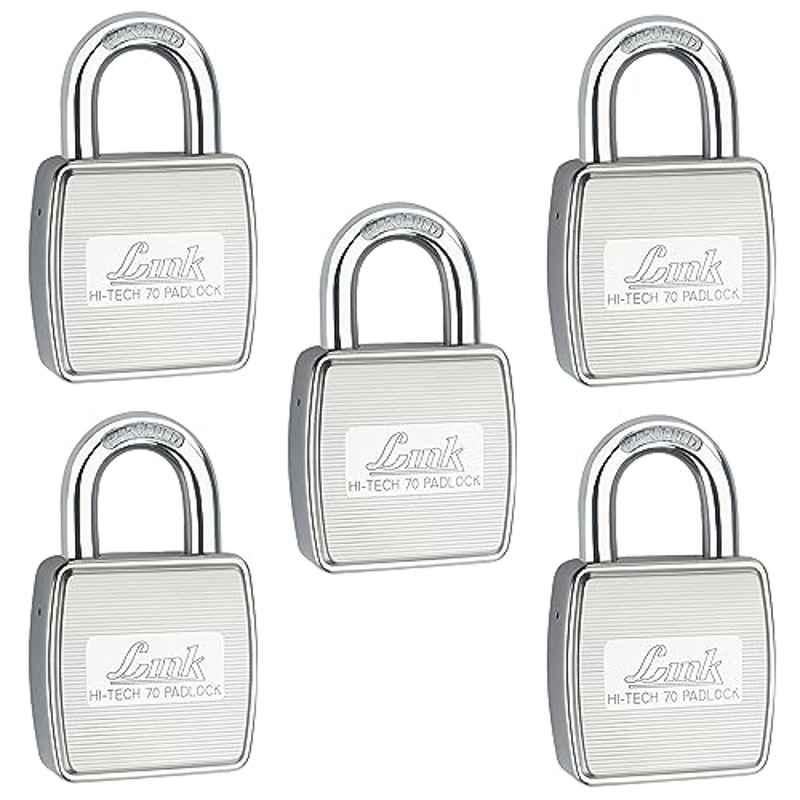 Link 70mm Stainless Steel Hardened Shackle Padlock with 3 Silver Keys, Free Keychain & Key Hanger, HT-70 (Pack of 5)
