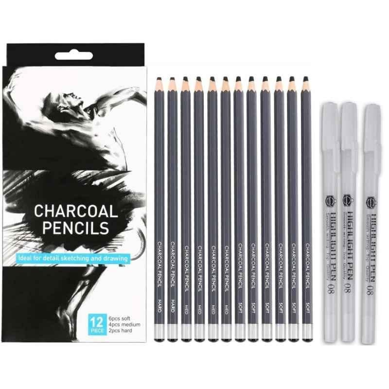ChiggiWiggi 12 Pcs Charcoal Pencil Drawing Set & 3 Pcs White Highlight Gel Pen Set Combo for Mandala Art, Black Paper & Doodling, C118