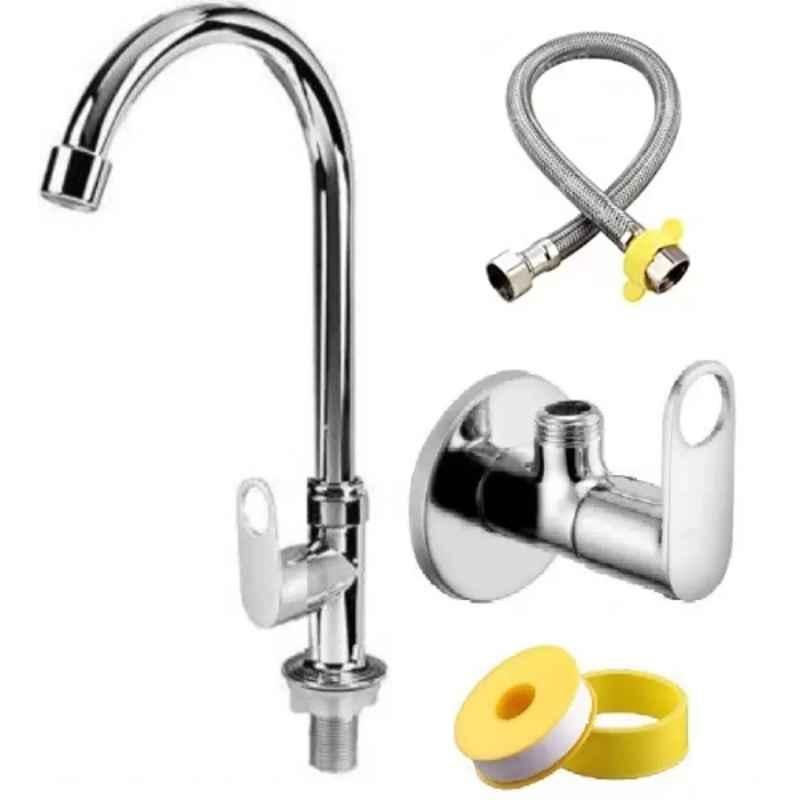 Fastgear 4 Pcs Stainless Steel Chrome Finish Angle Wall, Connection Pipe, Teflon Tape & Swan Neck Basin Tap Set