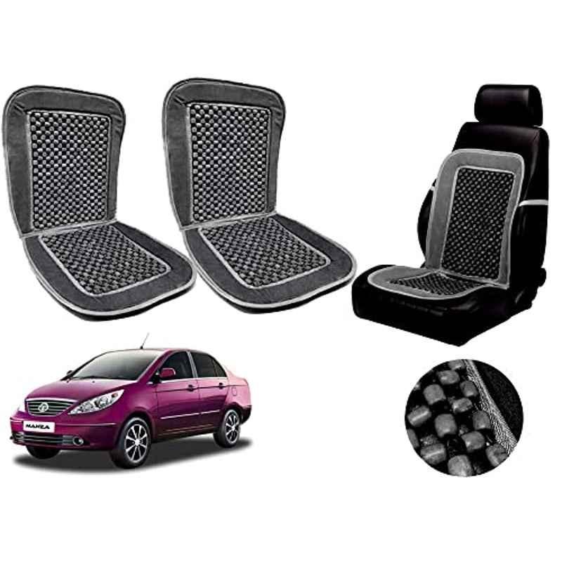 Auto Pearl PU, Velvet & Wooden Beads Grey Rectangular Seat Cushion for Tata Manza (Pack of 2 )