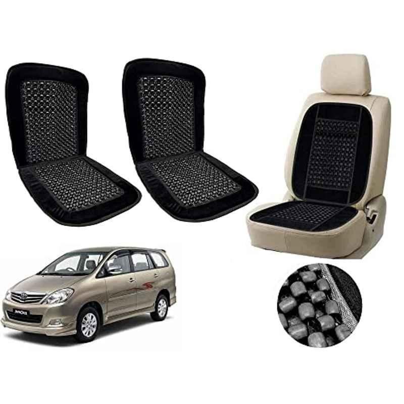 Auto Pearl PU, Velvet & Wooden Beads Black Rectangular Seat Cushion for Toyota Innova (Pack of 2 )