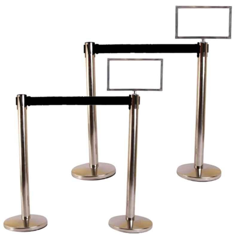 Ladwa 4 Pcs Stainless Steel 202 Hook Type Q Manager Set with 2.25m Black Nylon Belt & A3 Sign Plate, LSI-QMB-A3-P4-N