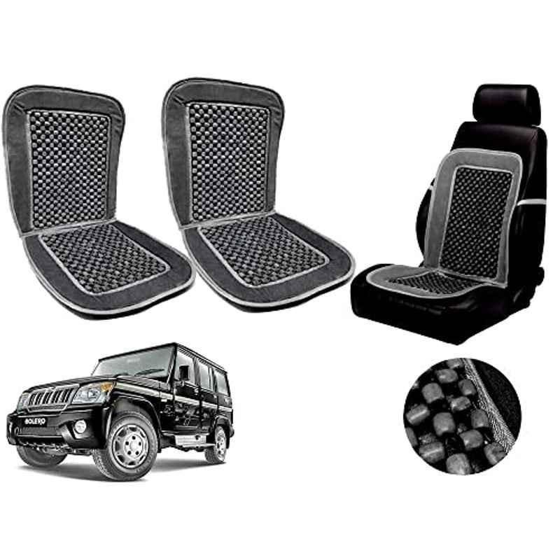 Auto Pearl PU, Velvet & Wooden Beads Grey Rectangular Seat Cushion for Mahindra Bolero (Pack of 2 )