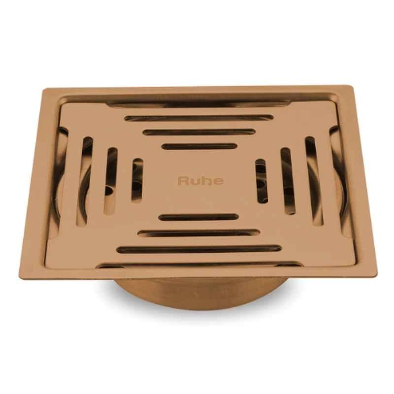 Ruhe Opal 6x6 inch Stainless Steel 304 Antique Copper PVD Coating Square Flat Cut Floor Drain, 16-0330-18