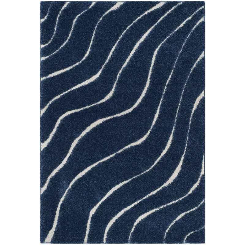 Carpetify 3x5ft Dark Blue & Cream Abstract Wavy Design Shaggy Carpet, 1224YQZZP66