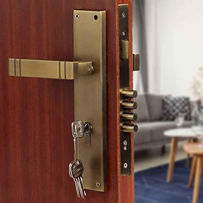 Saze Spacio 10 inch Stainless Steel Antique Brass Finish Cylindrical Plate 4 Bullet Pin Mortise Door Lock Handle Set with 3 Computer Keys