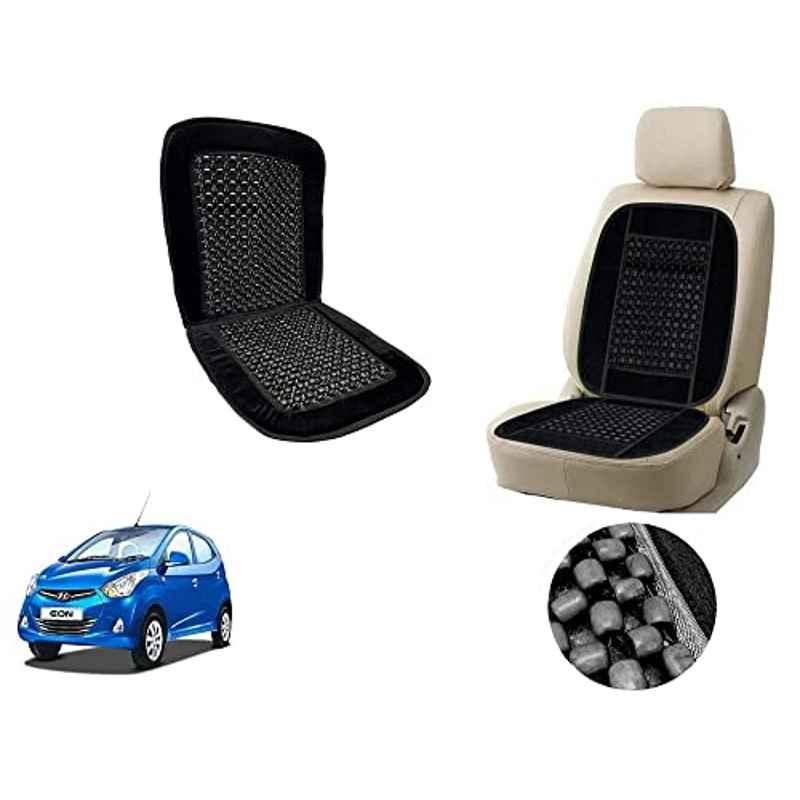 Auto Pearl PU, Velvet & Wooden Beads Black Rectangular Seat Cushion for Hyundai Eon