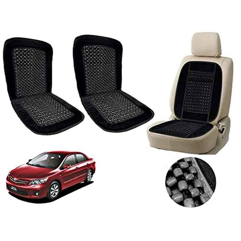 Auto Pearl PU, Velvet & Wooden Beads Black Rectangular Seat Cushion for Toyota Corolla Altis (Pack of 2 )