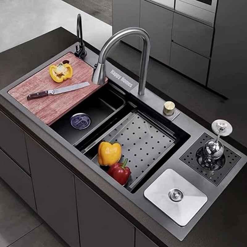 Happy Homes Stainless Steel 304 Grade Single Bowl Kitchen Sink 37x18x10 inch Black Waterfall Workstation with Pull-Down Faucet